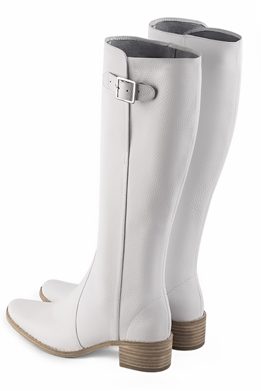 Pure white women's knee-high boots with buckles. Round toe. Low leather soles. Made to measure. Rear view - Florence KOOIJMAN